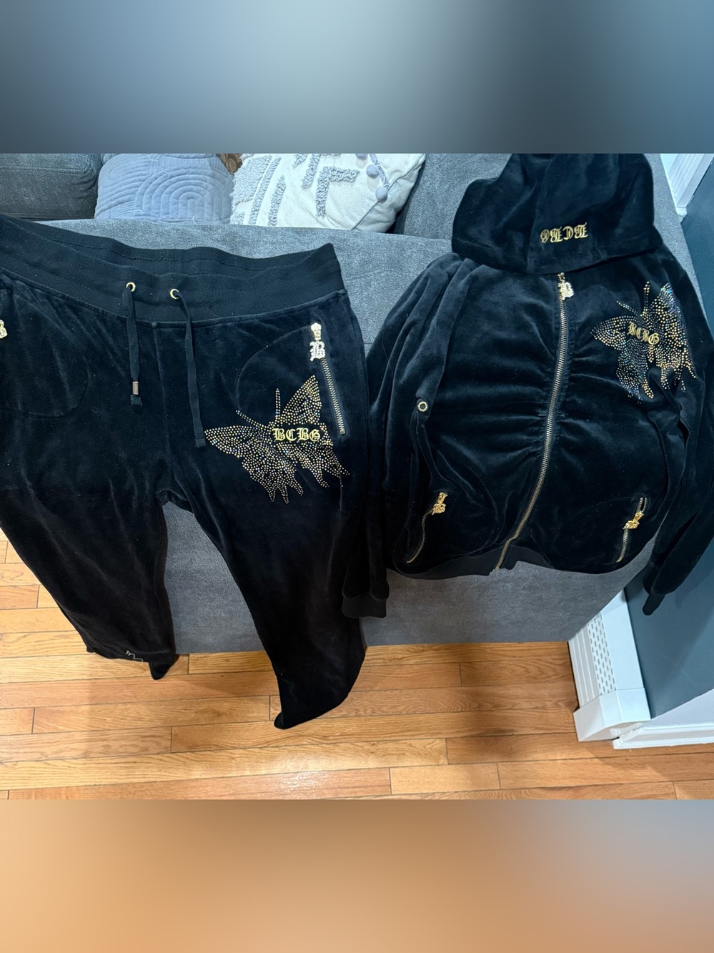 BCBG Black Velour TWO pieces SUIT with Gold Stud Detail